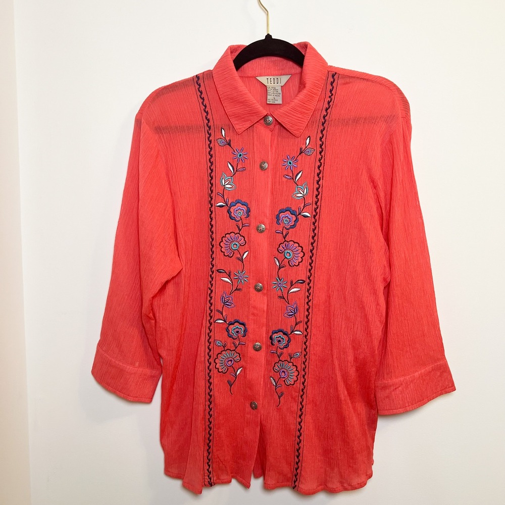 Teddi Embroidered Floral Button Down Gauzy 3/4 Sleeve Coral Top‎ Blouse - Picture 12 of 12